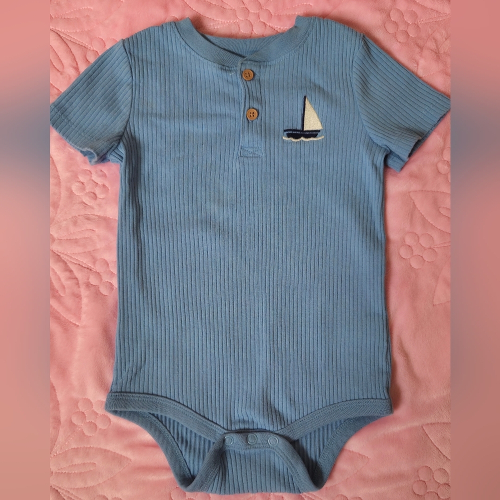 Joe Fresh Blue Ribbed Bodysuit with Sailboat Embroidery